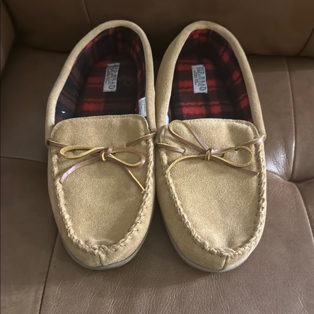 Tan Moccasin Slippers with Plaid Lining